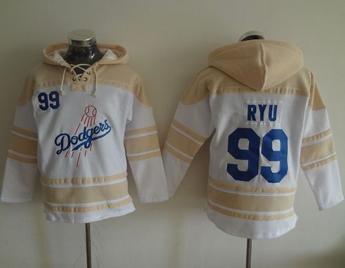 Dodgers #99 Hyun-Jin Ryu White Sawyer Hooded Sweatshirt MLB Hoodie - Click Image to Close